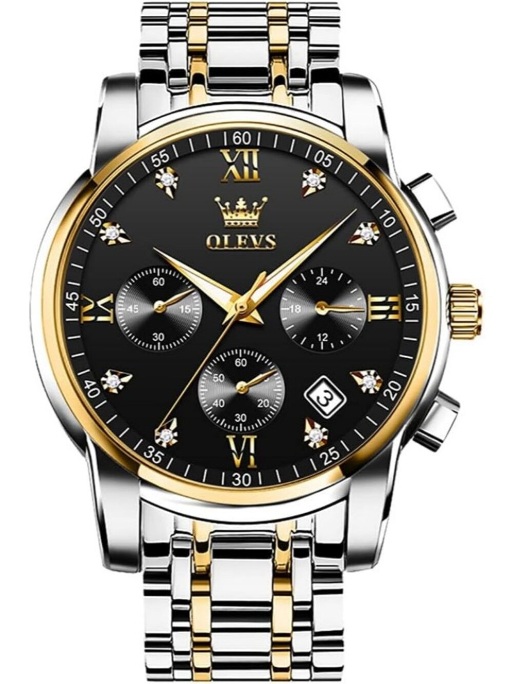 Men's Black Face/Two Tone Strap Stainless Steel Chronograph Waterproof  Watch